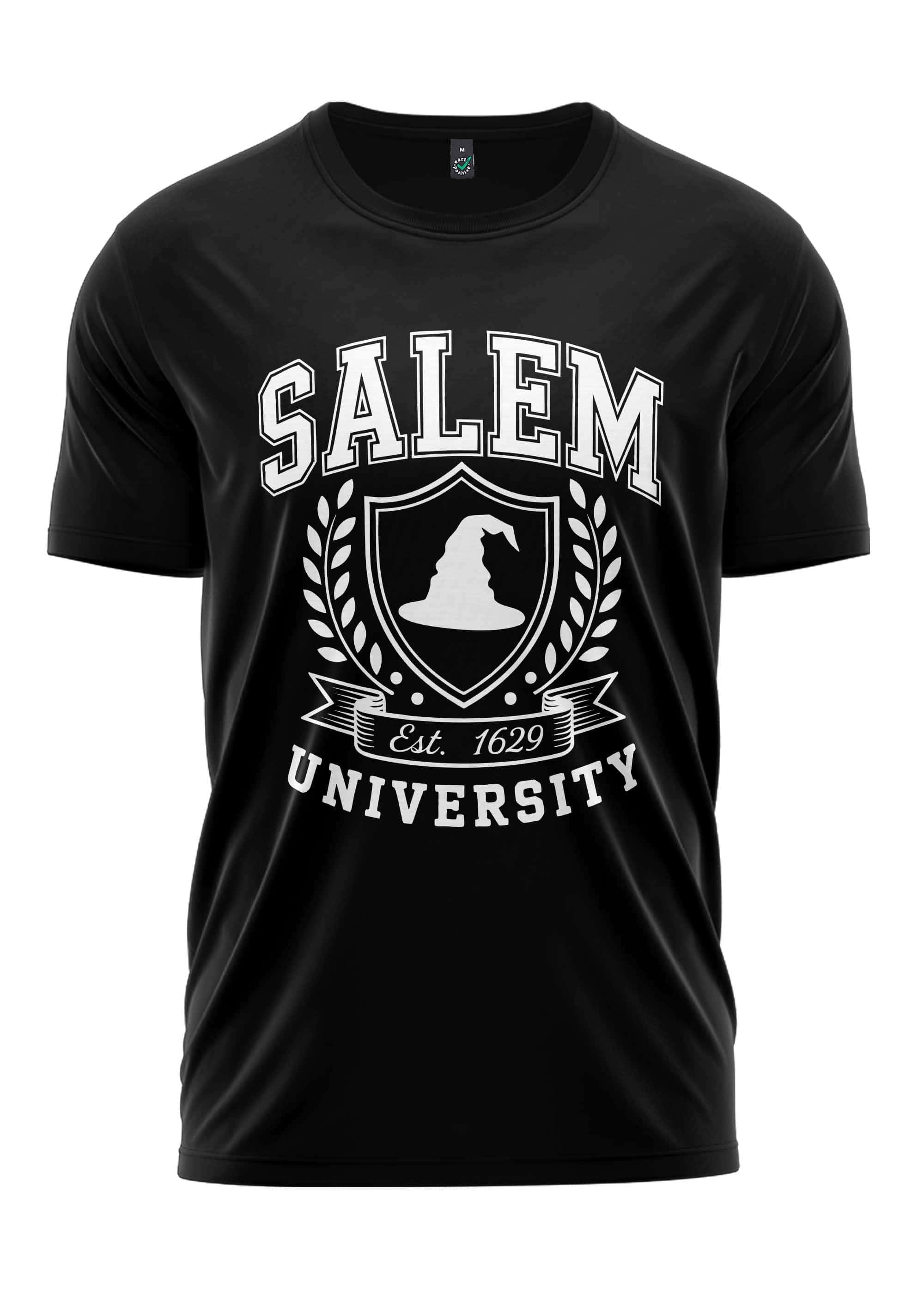 Schwarzes Salem University T-Shirt mit weißem Design und Text.